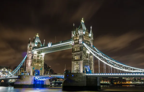 Мост, огни, река, Лондон, вечер, Темза, Tower Bridge, London