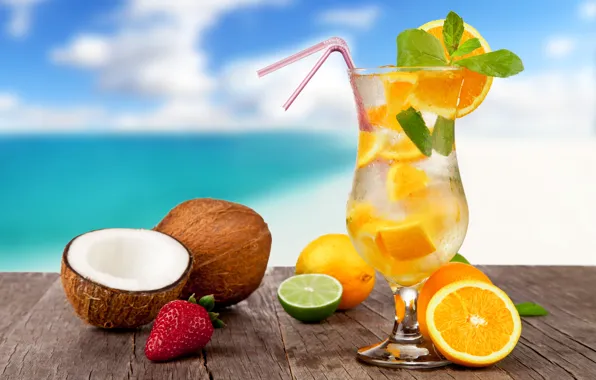 Море, пляж, коктейль, summer, фрукты, beach, fresh, sea