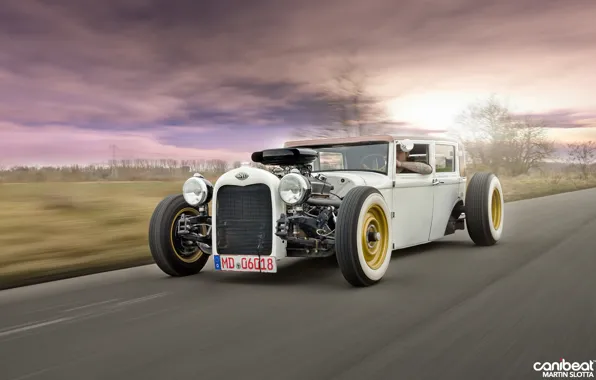 Дорога, небо, фон, движение, Opel, водитель, Rat Rod, Christian Quatz’s