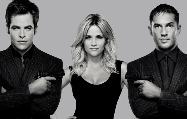 Оружие, пистолеты, блондинка, черно-белое, постер, Крис Пайн, костюмы, Chris Pine
