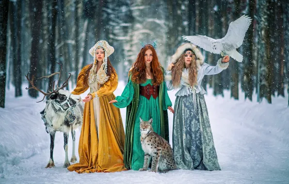 Картинка зима, снег, девушки, сова, олень, рысь, трио, наряды