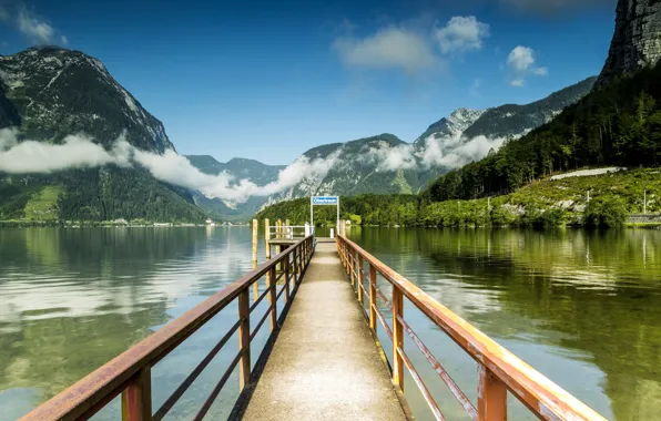 Картинка лес, облака, горы, озеро, скалы, Австрия, причал, Hallstatt