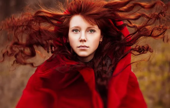 Картинка портрет, в красном, рыжеволосая, Red Riding Hood