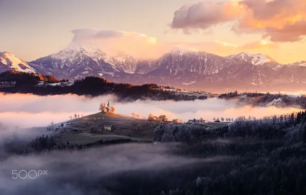Картинка зима, горы, утро, Словения