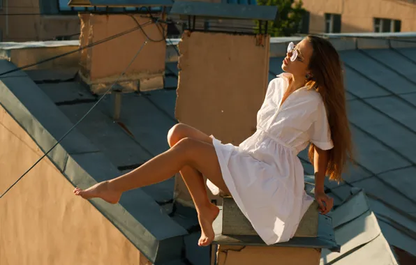 Dress, model, women, brunette, glasses, white dress, closed eyes, rooftops
