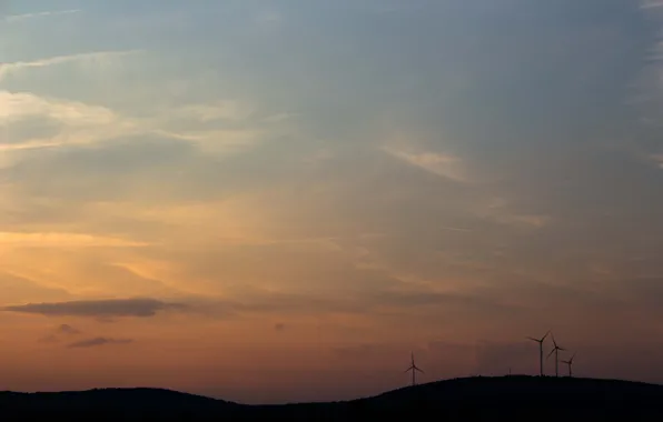 Morning, hill, sunrise, dawn, wind turbines, silhouettes