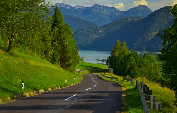 Дорога, лето, трава, солнце, деревья, горы, река, Austria