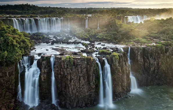 Картинка Горизонт, Красота, Argentina, Аргентина, Iguazu Falls, водопады Игуасу, Потоки воды, водопады «Три мушкетера»