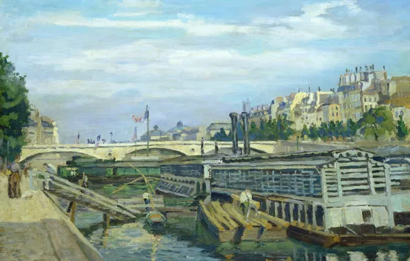 Пейзаж, мост, река, Париж, дома, картина, городской, Арман Гийомен