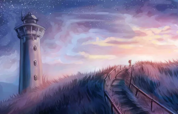 Картинка небо, трава, девушка, звезды, маяк, арт, ступеньки