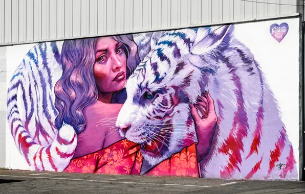 Картинка девушка, лицо, тигр, стена, краски, граффити