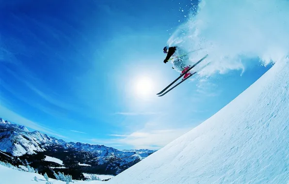 Картинка солнце, снег, горы, спуск, скорость, склон, экстрим, лыжник