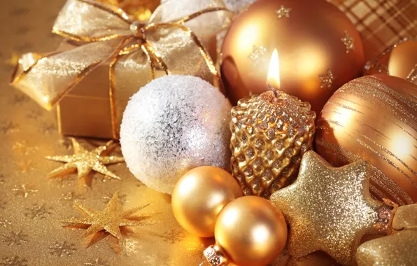 Шарики, украшения, праздник, рождество, свеча, подарки, Новый год