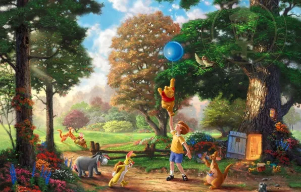 Картинка лес, деревья, цветы, поляна, игрушки, шарик, Кролик, арт