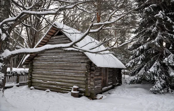 Картинка зима, лес, снег, деревья, избушка, деревня, домик, house