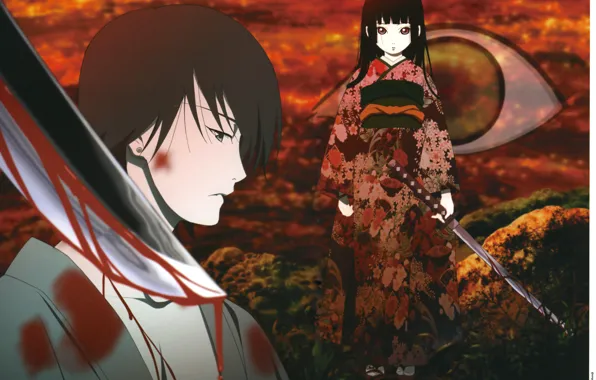 Картинка жертва, катана, красные глаза, казнь, в крови, Enma Ai, Hell Girl, Jigoku Shoujo