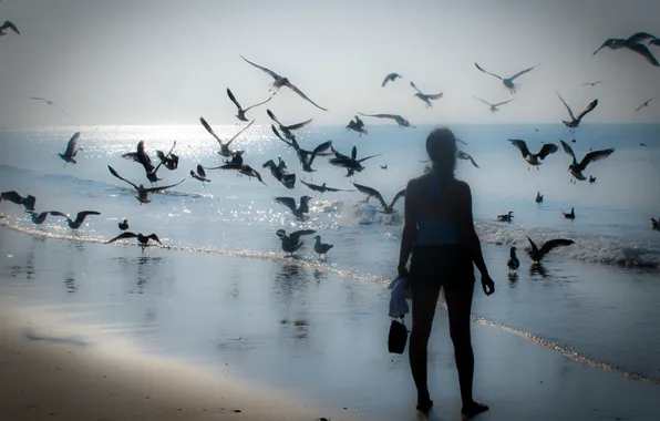 Картинка море, девушка, птицы