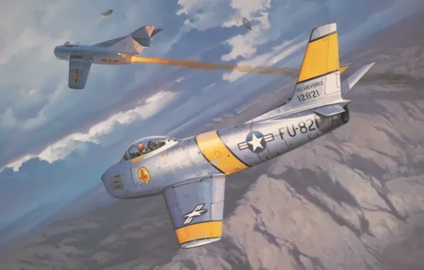 Картинка war, art, painting, aviation, F-86 Sabre, korea war, Mig-15