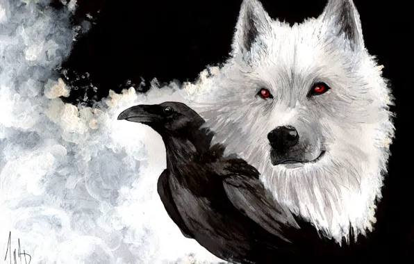 Картинка белый, взгляд, волк, клюв, арт, Ghost, живопись, ворон