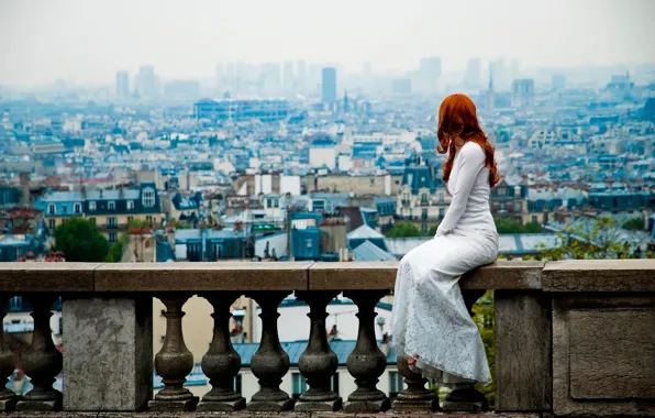Картинка Париж, вид, платье, рыжеволосая девушка