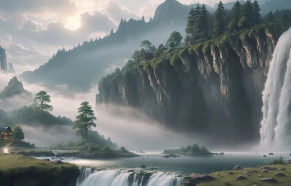 River, landscape, nature, art, fog, waterfall, digital art, cottage