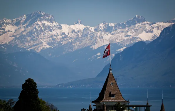 Снег, горы, флаг, Switzerland
