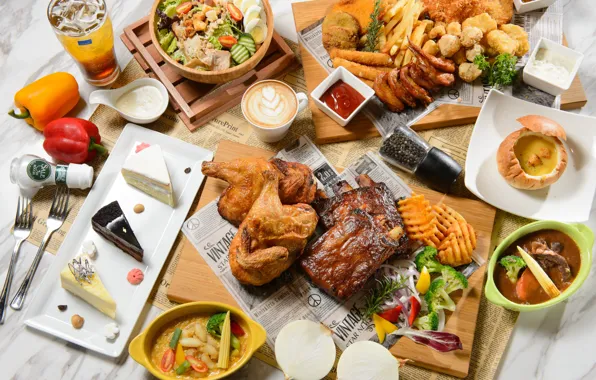 Кофе, курица, мясо, перец, овощи, соус, пирожные, салат