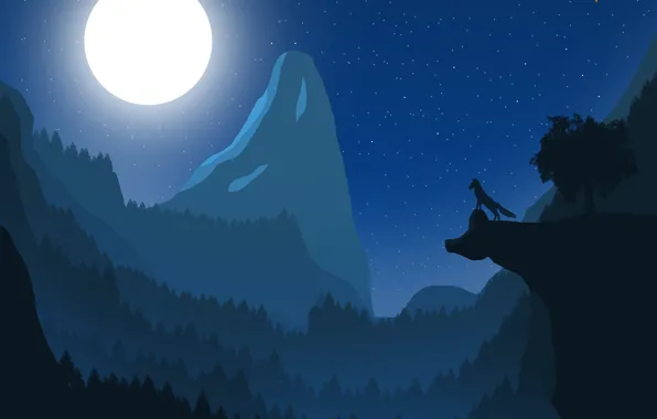 Картинка пейзаж, горы, луна, волк, ночной пейзаж, лиса, полнолуние, fox