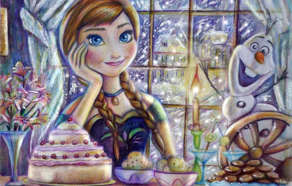 Зима, снег, ночь, свеча, окно, торт, frozen, disney