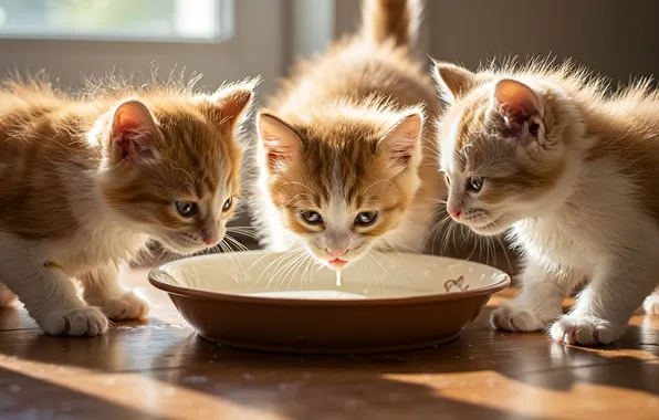 Взгляд, свет, кошки, поза, котенок, капля, молоко, окно