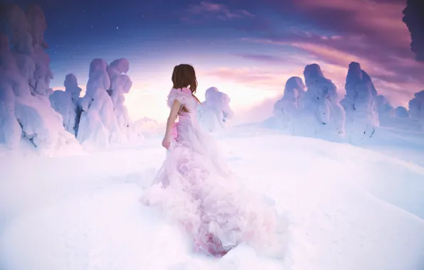Девушка, снег, платье, Lichon