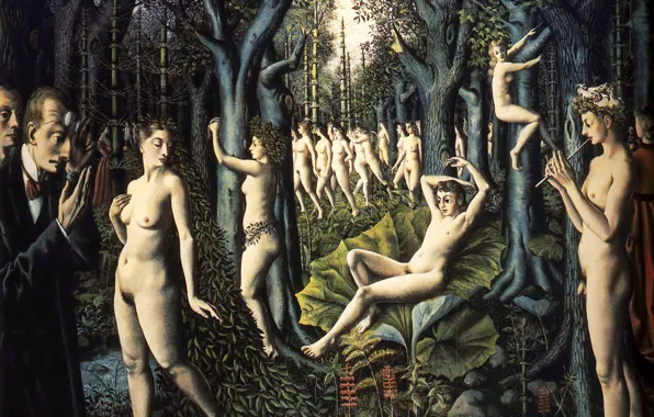 Деревья, Лес, Люди, Картина, Голые, Paul Delvaux, Бельгийский художник, Пробуждение Леса