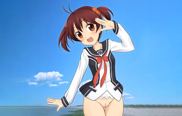 Girl, sexy, beach, sea, pussy, brown hair, brown eyes, anime