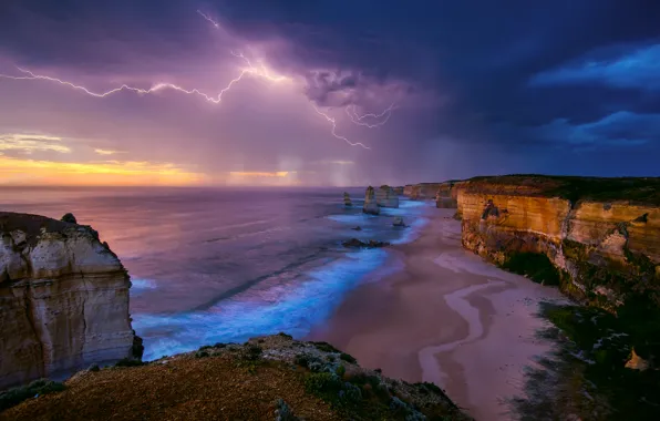 Море, гроза, небо, шторм, скалы, берег, молния, Австралия