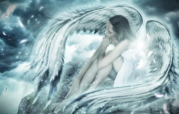 Картинка небо, девушка, тучи, фантастика, крылья, ангел, перья, арт