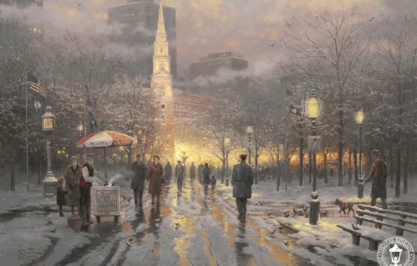 Картинка зима, снег, city, lights, парк, здания, флаг, USA