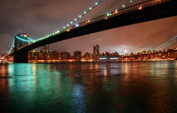 Картинка ночь, city, город, огни, нью-йорк, night, new york, бруклинский мост