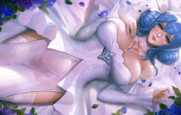 Девушка, цветы, league of legends, sona buvelle, by turewindwalker, белый наряд