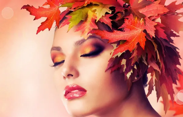 Осень, листья, девушка, лицо, макияж, венок
