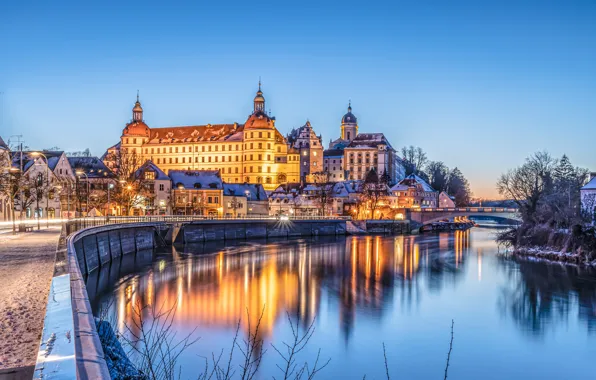Картинка мост, река, замок, дома, Германия, Бавария, ночной город, набережная