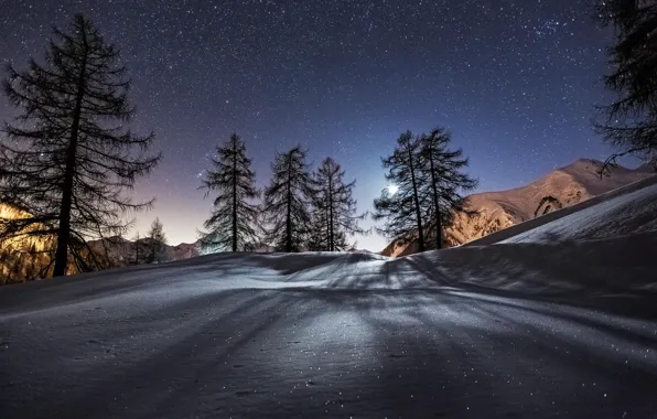 Картинка зима, звезды, снег, деревья, горы, ночь