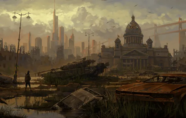 Картинка Concept, Рисунок, Город, Будущее, Человек, Санкт-Петербург, Машины, Разрушения