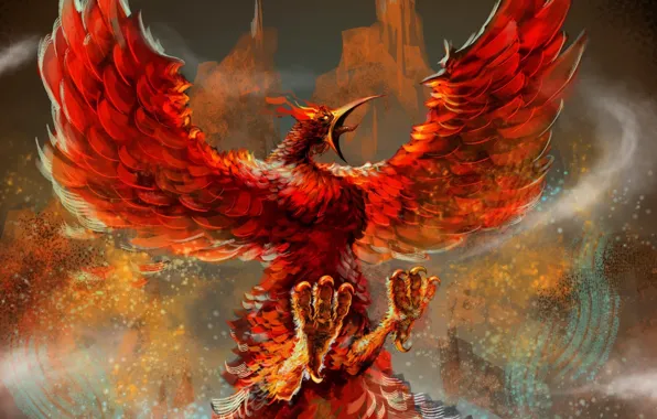 Фантастика, пламя, крылья, арт, феникс, жар птица, клюв. огонь