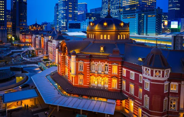 Картинка здания, Япония, Токио, Tokyo, Japan, ночной город, Marunouchi, Tokyo Station