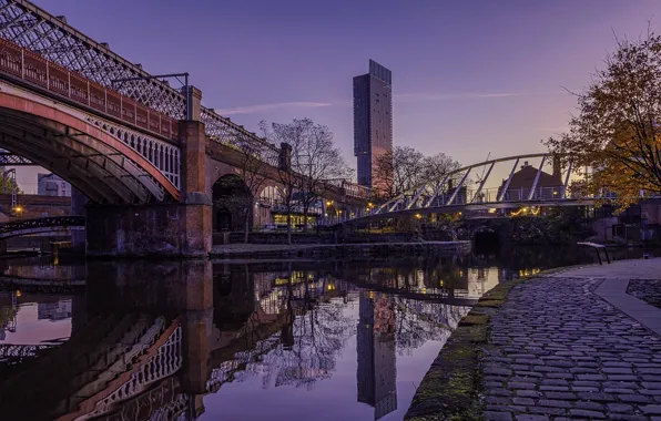 Картинка мост, река, Англия, утро, Манчестер