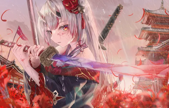 Девушка, дождь, демон, маска, hololive, виртуальный ютубер, Holo no Graffiti, Ayame Nakiri