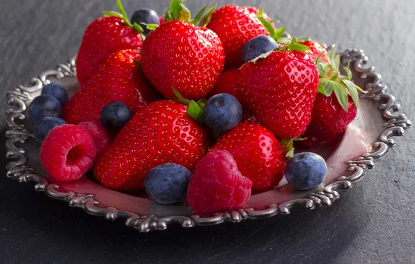 Ягоды, малина, клубника, тарелка, fresh, strawberry, голубика, berries