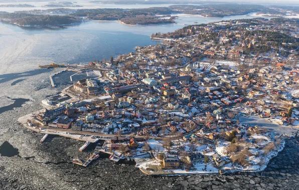 Картинка зима, город, фото, сверху, Швеция, Vaxholm