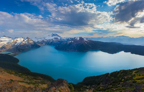 Картинка небо, облака, снег, горы, озеро, кратер, Canada, British Columbia