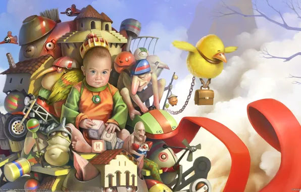 Картинка птицы, игрушки, мальчик, чудики, ребёнок, Corrado Vanelli